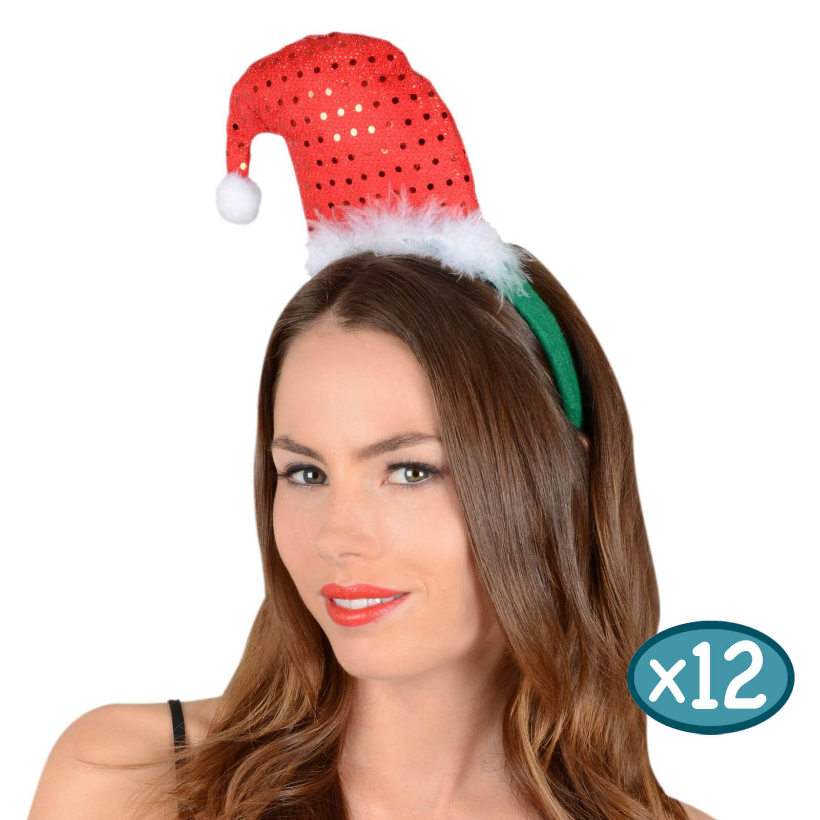 Female model wearing a red sequin Christmas mini Santa hat on a green headband, in a pack of 12